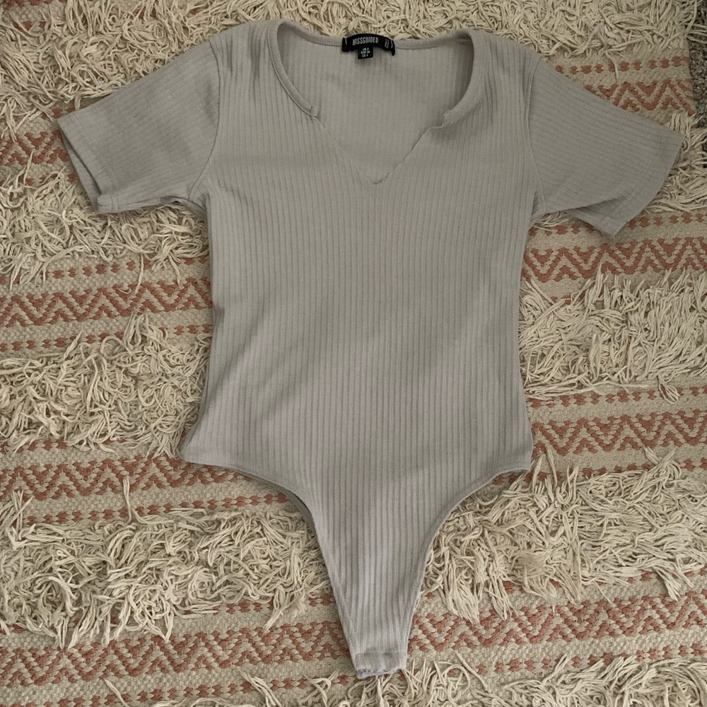 Gray Notch Neck Short Sleeve Bodysuit